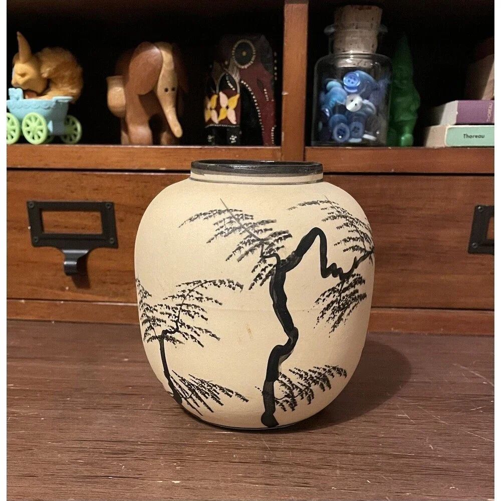 Vintage Japanese Bisque Pottery Hand Painted Pagoda Landscape Vase Ginger Jar 5”